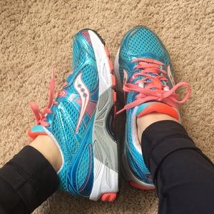 Blue and coral Saucony running shoes size 6